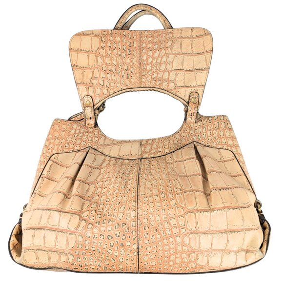 Monsac Croc Embossed Italian Leather Cream Crescent Shoulder Bag w/Pouch - Picture 3 of 12